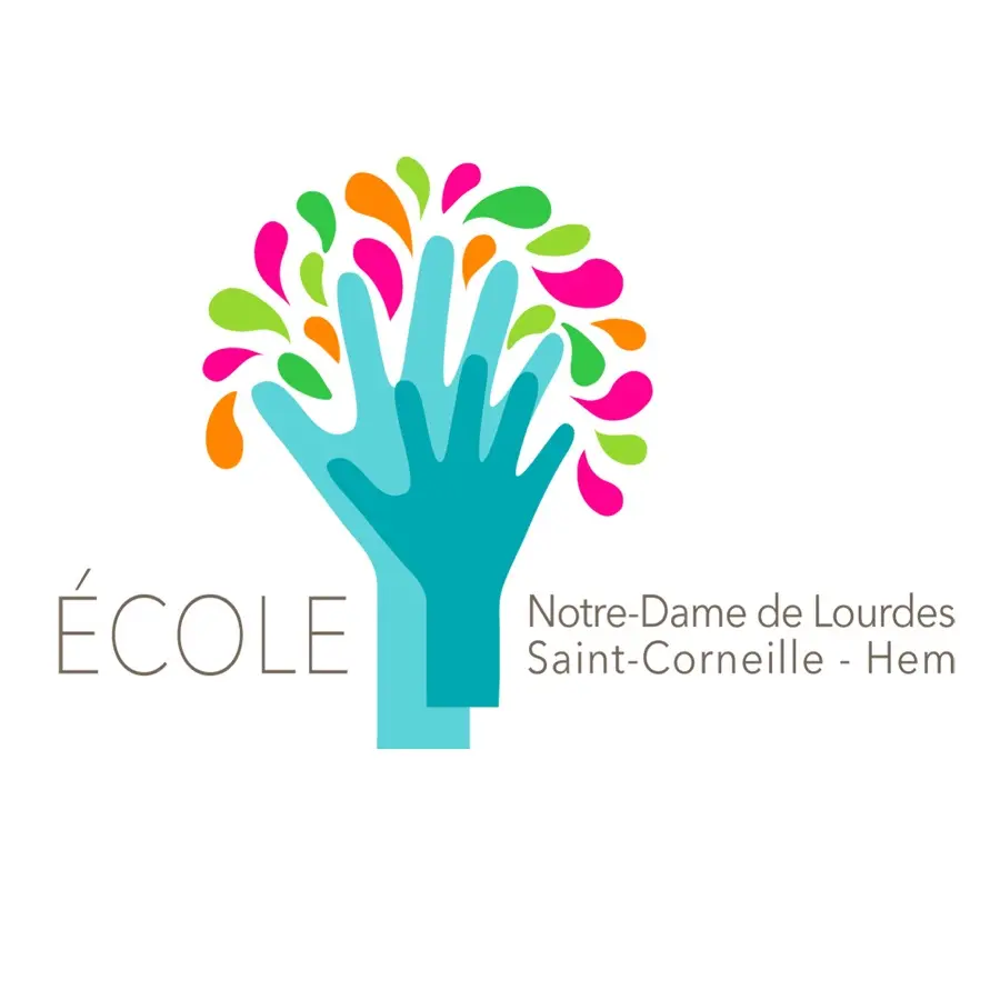 Logo unserer französischen Partnerschule: eine türkise Hand, aus der bunte Blätter wachsen