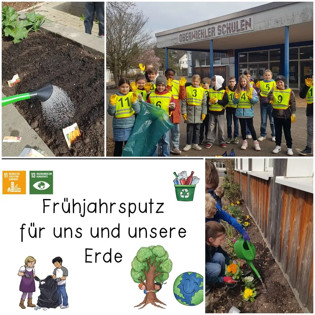 Collage mit Titel „Frühjahrsputz für uns und unsere Erde“, Kinder bepflanzen und gießen Beete