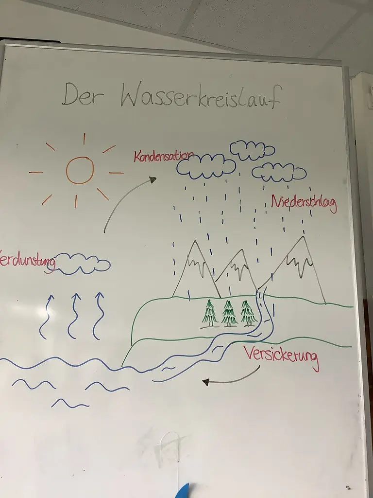 Whiteboard mit gezeichnetem Wasserkreislauf aus Verdunstung, Kondensation, Niederschlag und Versickerung