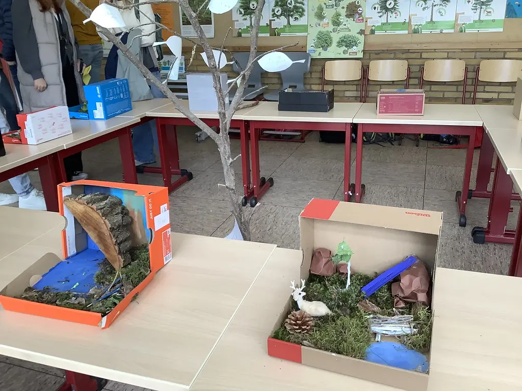 Schuhkarton-Dioramen mit Moos, Zapfen und Tierfiguren neben einem kahlen Ast