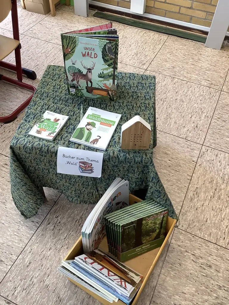 Büchertisch zum Thema Wald mit Sachbüchern und einem Holzhäuschen