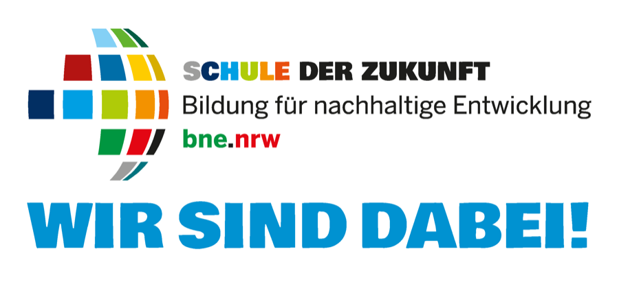 Logo des Landesprogramms Schule der Zukunft, Bildung für nachhaltige Entwicklung, mit dem Zusatz „Wir sind dabei“